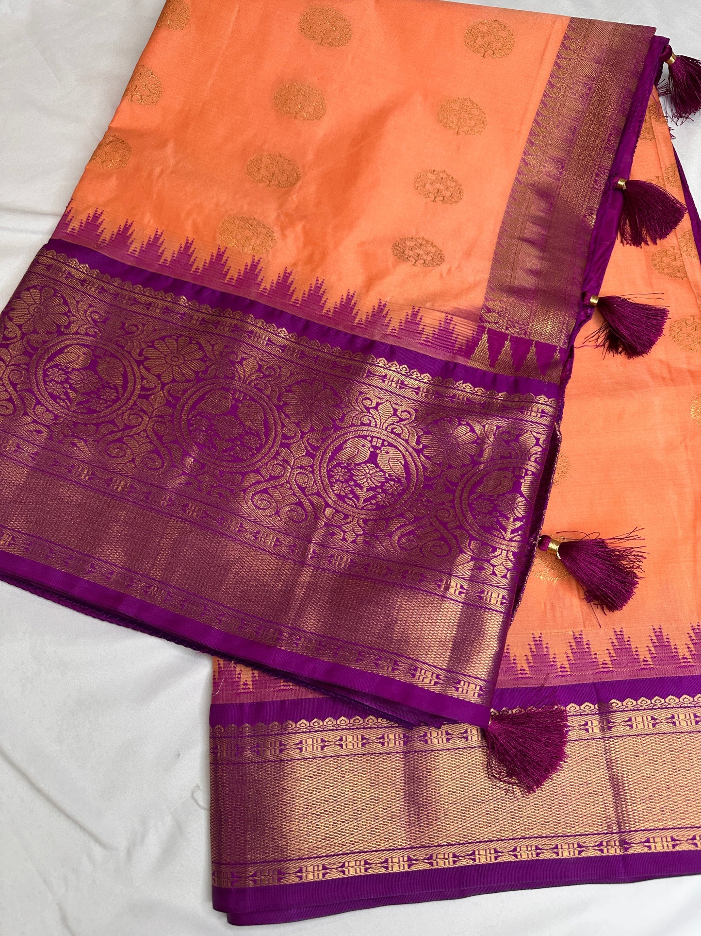 Peach Purple Pure Silk Pattu Gadwal Saree