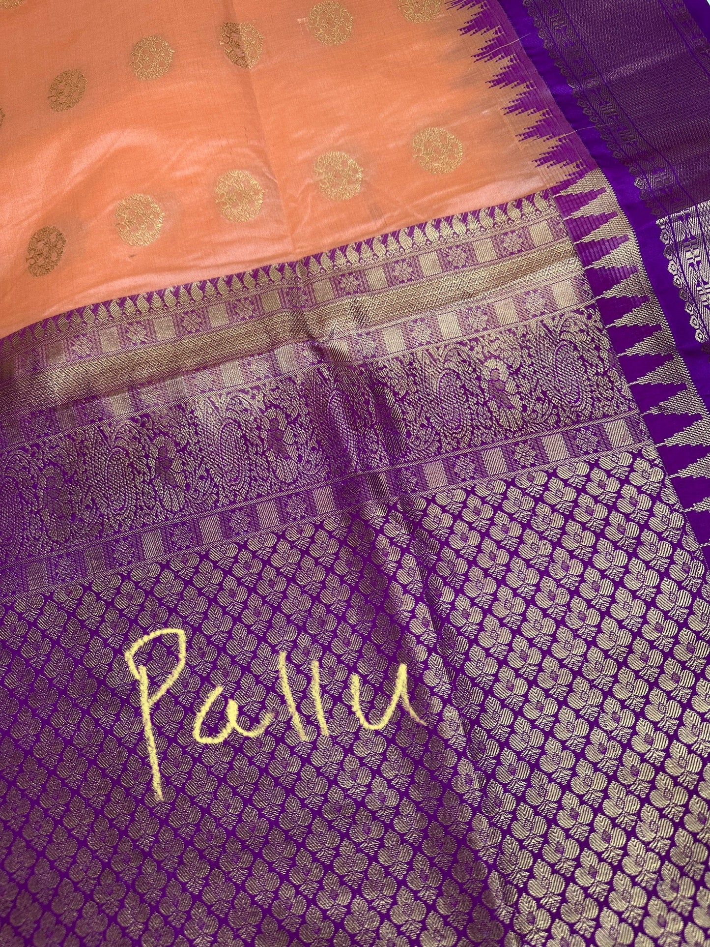 Peach Purple Pure Silk Pattu Gadwal Saree