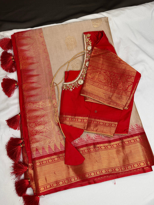 Cream Red Pure Silk Pattu Gadwal Saree