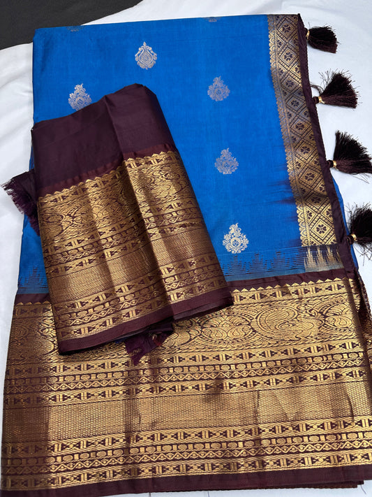 Blue Brown Pure Silk Pattu Gadwal Saree