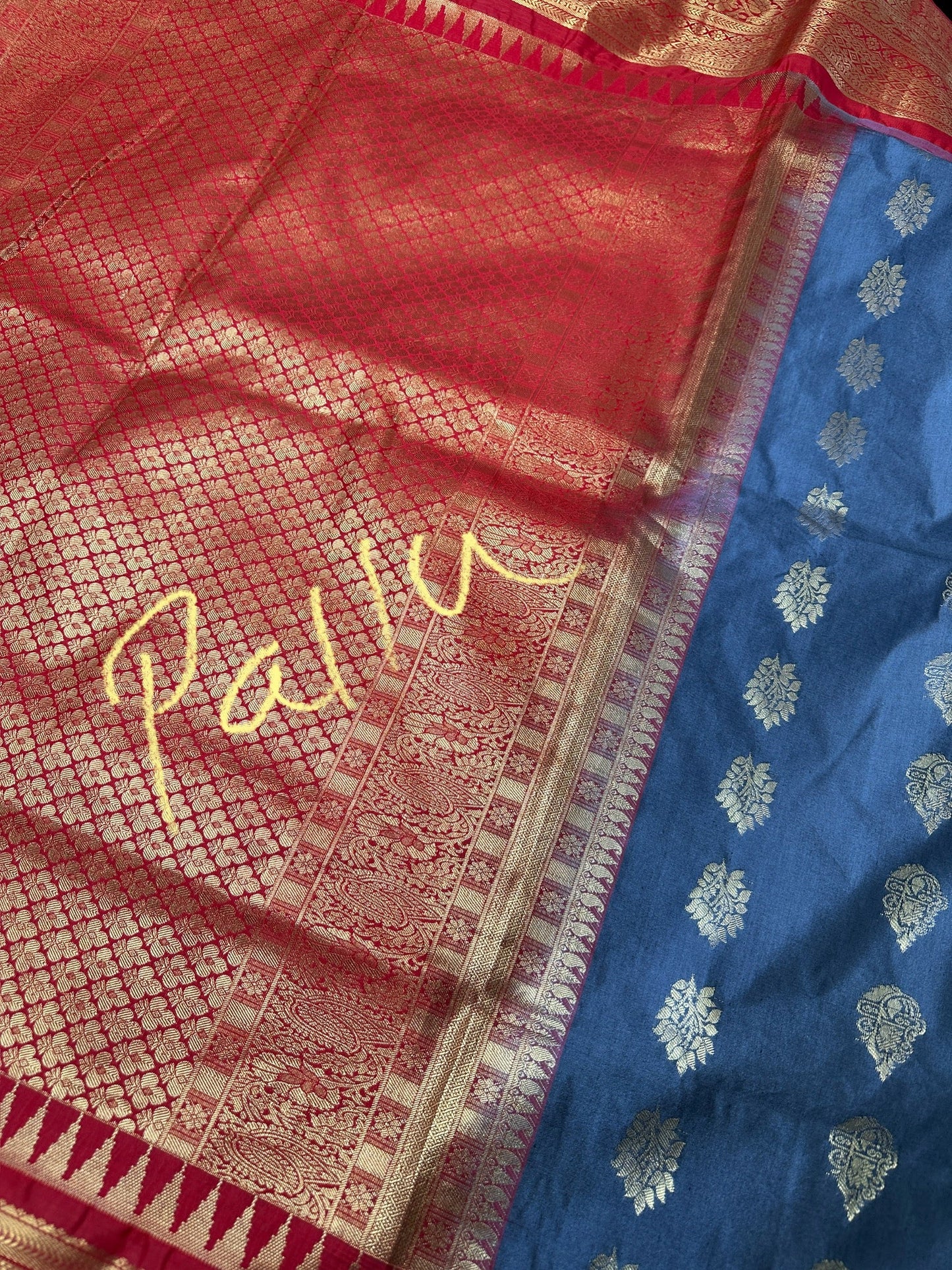 Grey Red Pure Silk Pattu Gadwal Saree