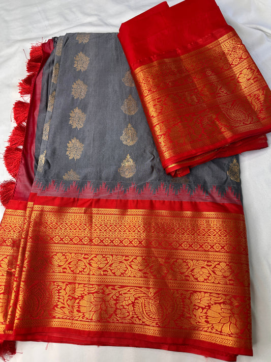 Grey Red Pure Silk Pattu Gadwal Saree