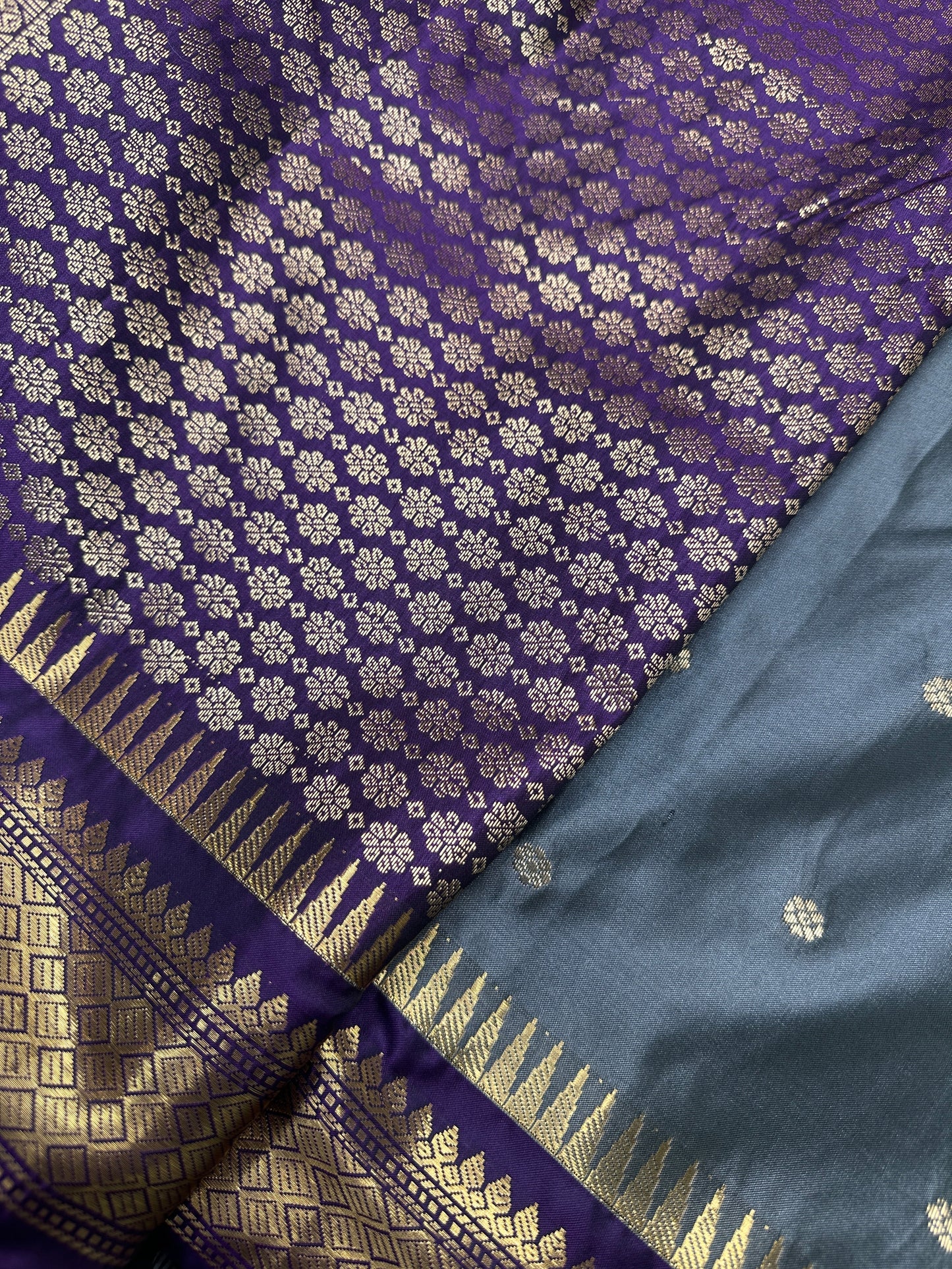 Gray Purple Semi Silk Pattu Gadwal Saree