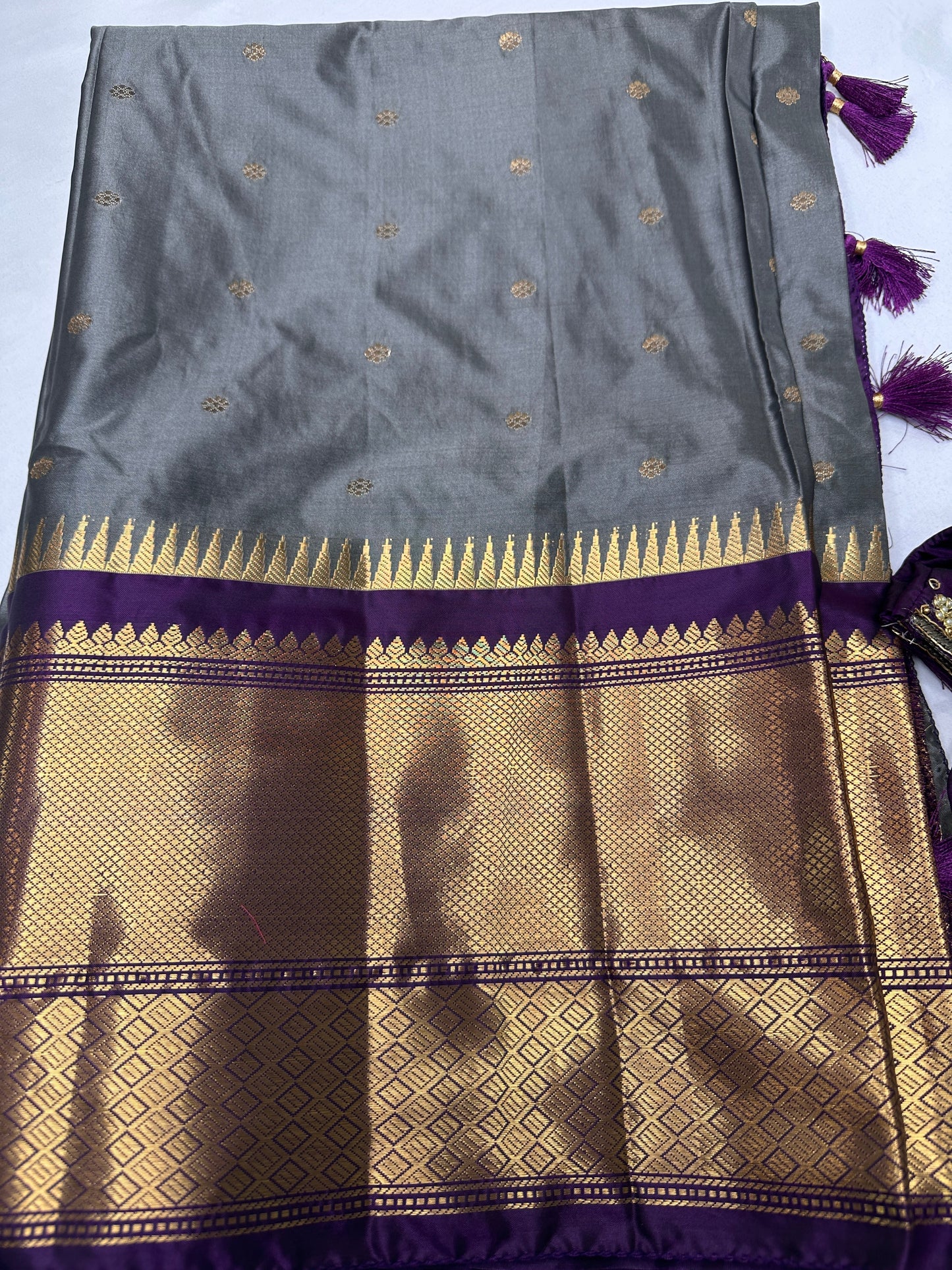 Gray Purple Semi Silk Pattu Gadwal Saree