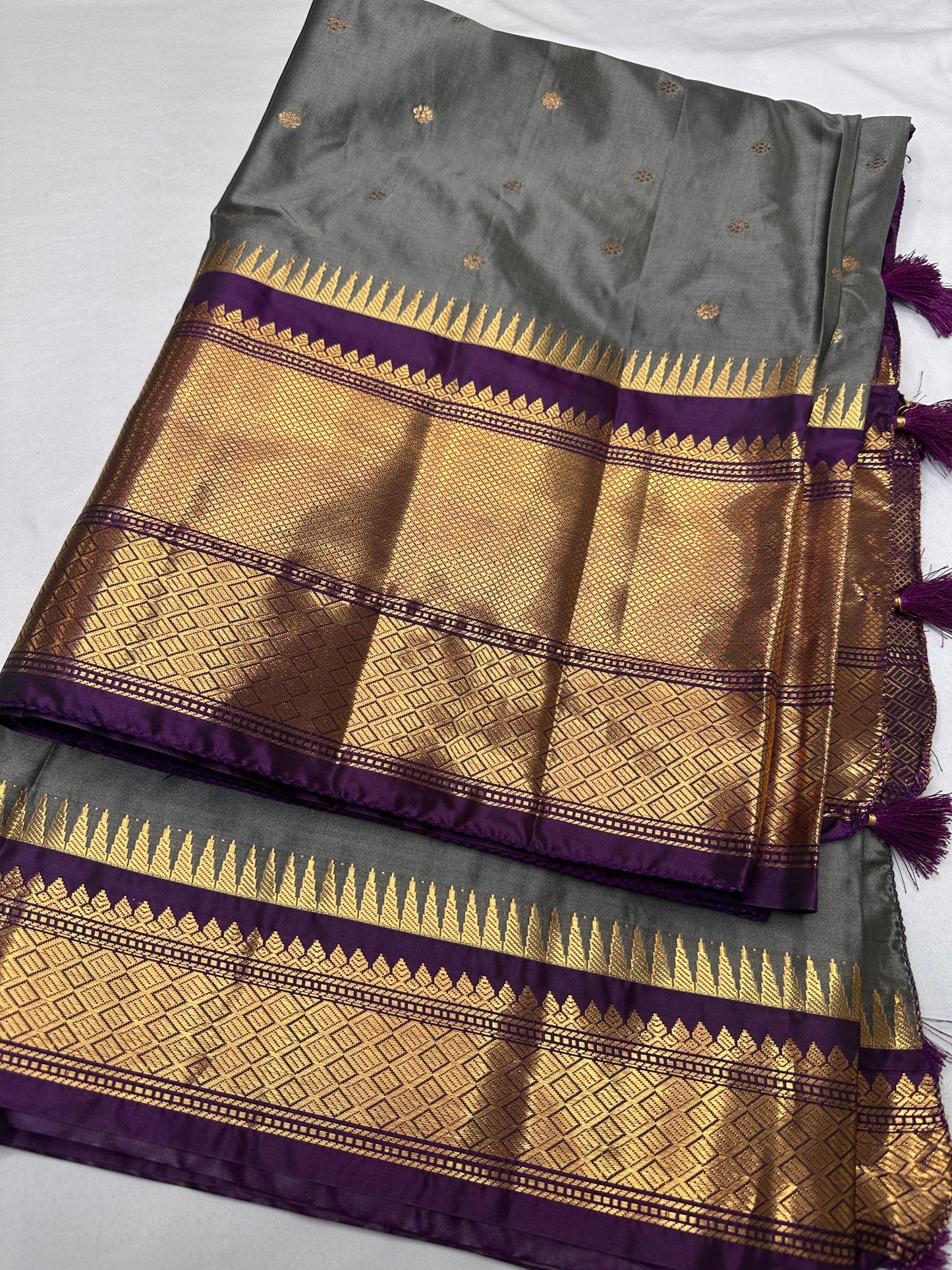 Gray Purple Semi Silk Pattu Gadwal Saree