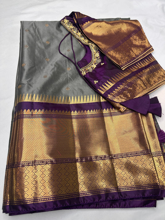 Gray Purple Semi Silk Pattu Gadwal Saree