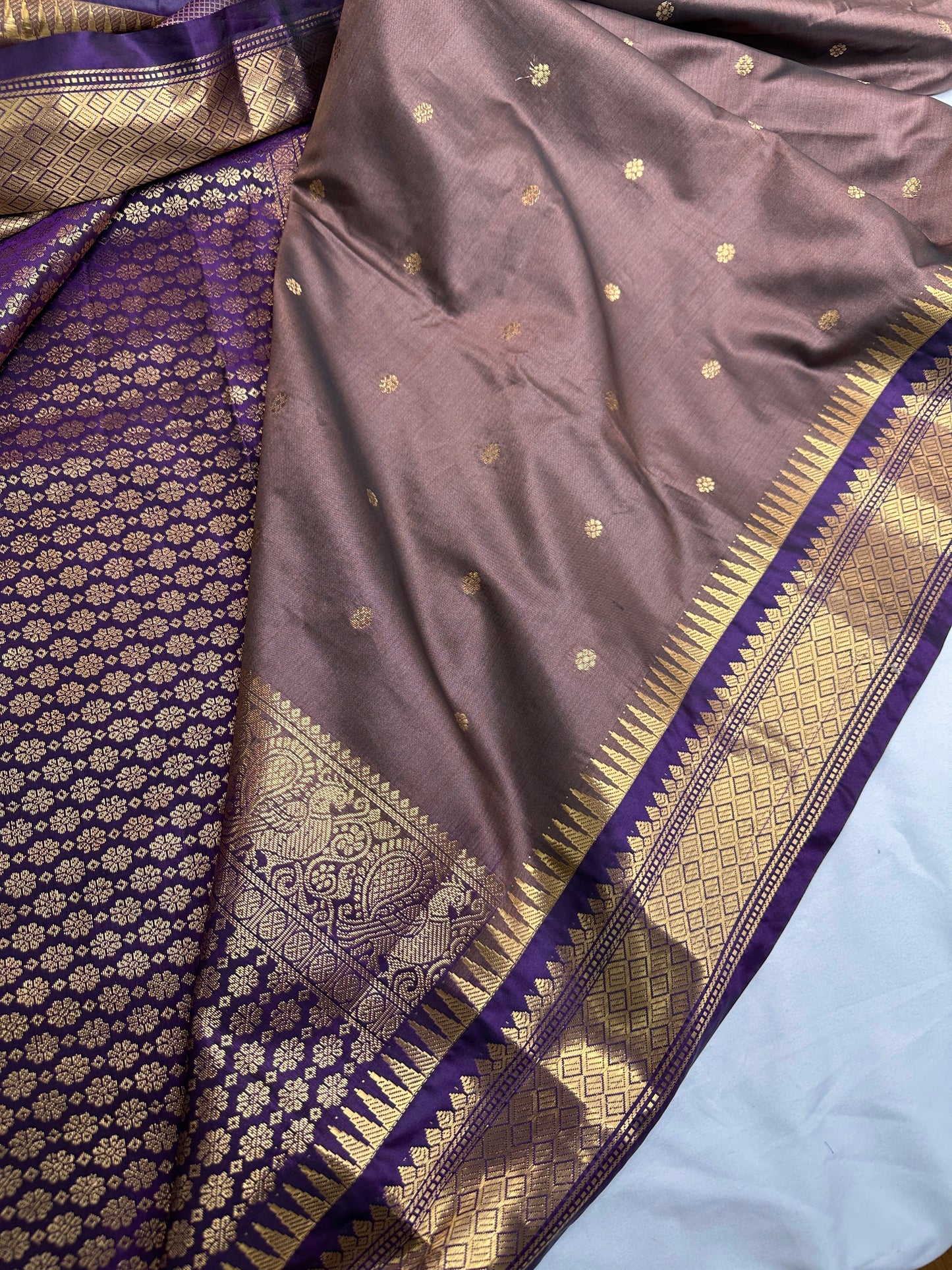 Brown Purple Semi Silk Pattu Gadwal Saree