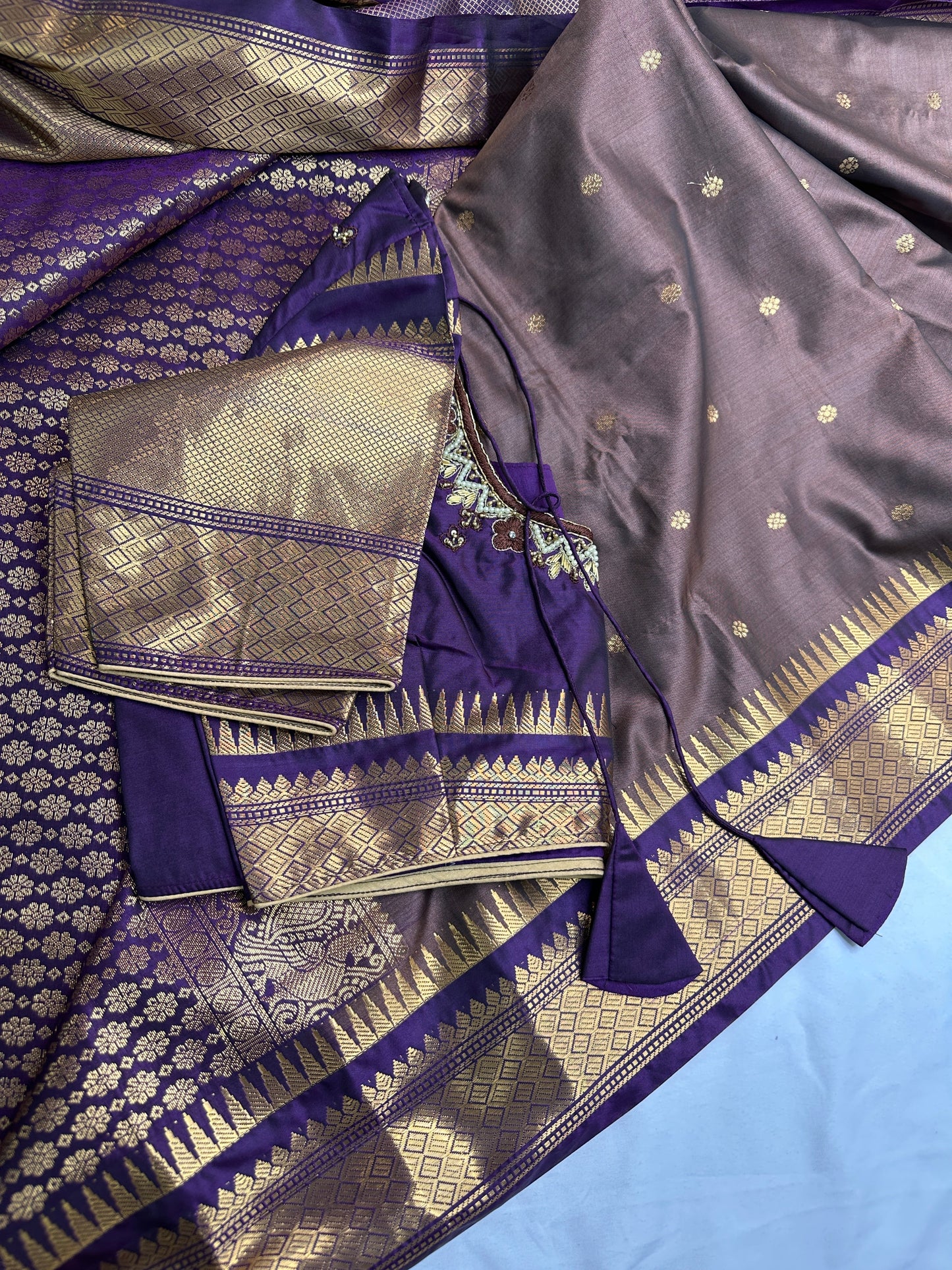Brown Purple Semi Silk Pattu Gadwal Saree
