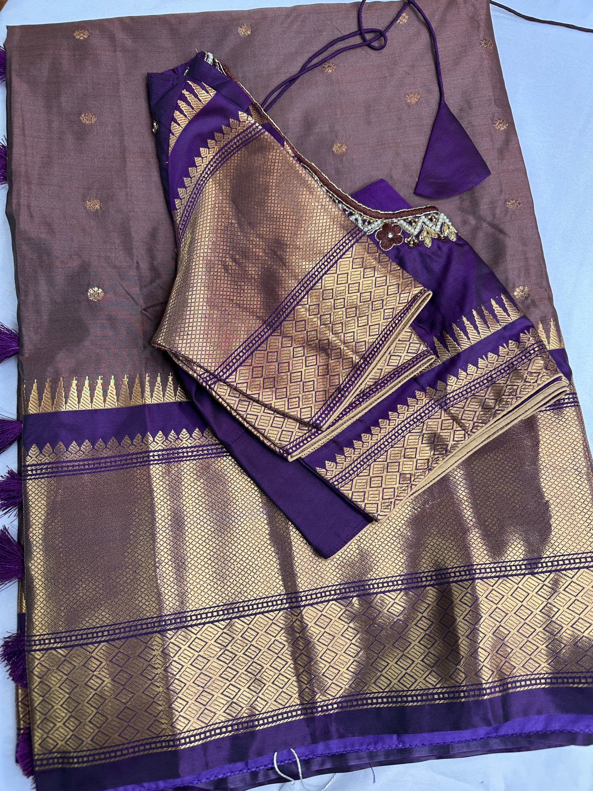 Brown Purple Semi Silk Pattu Gadwal Saree