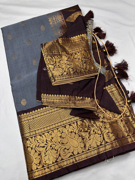 Grey Brown Pure Magalgiri Saree