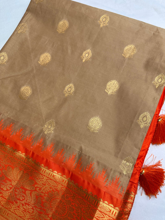 Pattu Gadwal Pure Silk Beige Orange Saree