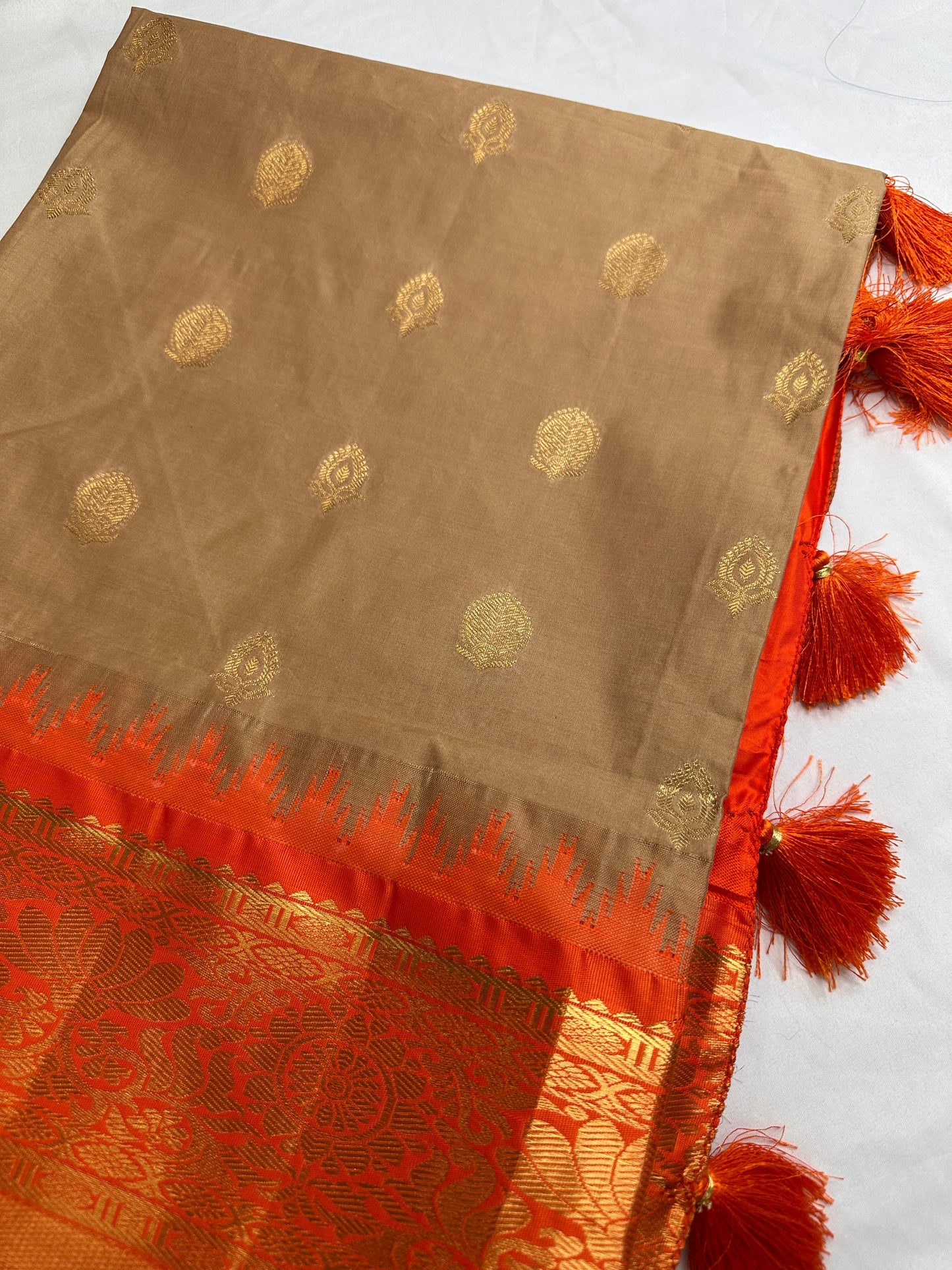 Pattu Gadwal Pure Silk Beige Orange Saree
