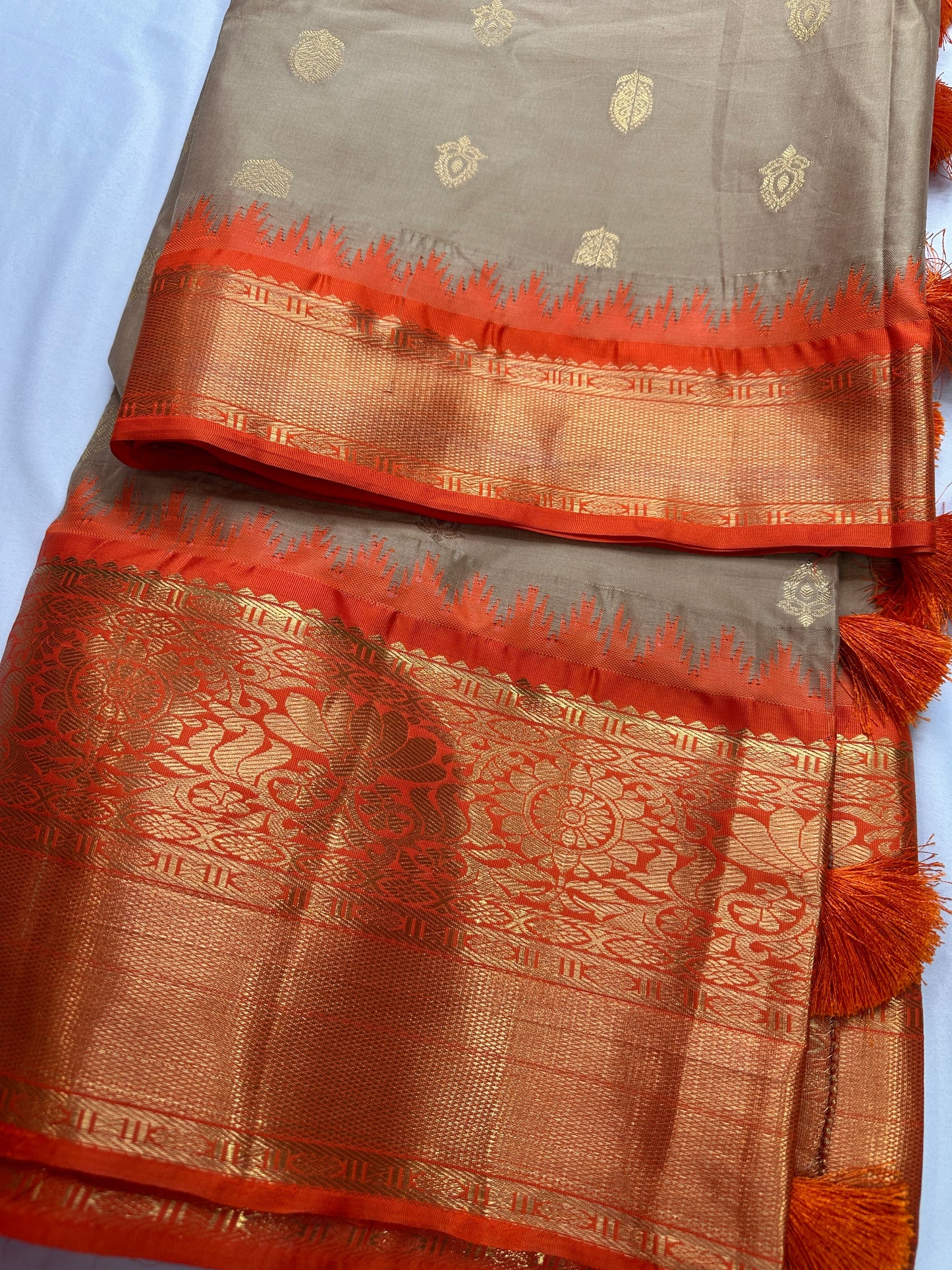 Pattu Gadwal Pure Silk Beige Orange Saree