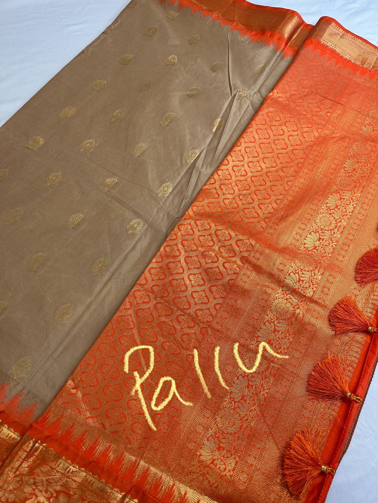 Pattu Gadwal Pure Silk Beige Orange Saree