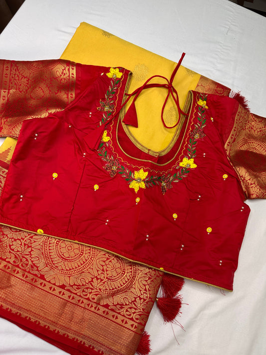 Yellow Red Semi Silk Pattu Gadwal Saree