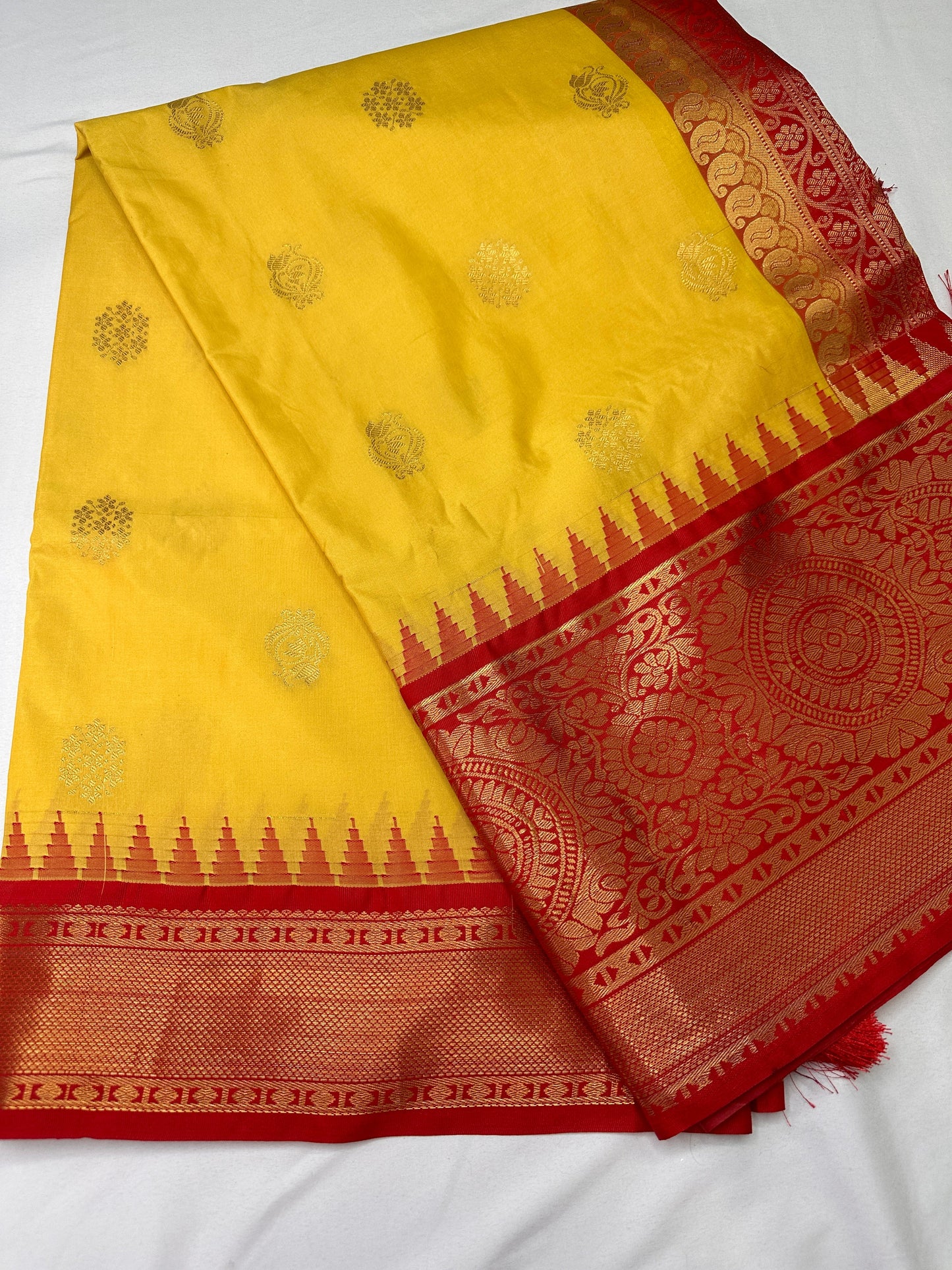Yellow Red Semi Silk Pattu Gadwal Saree