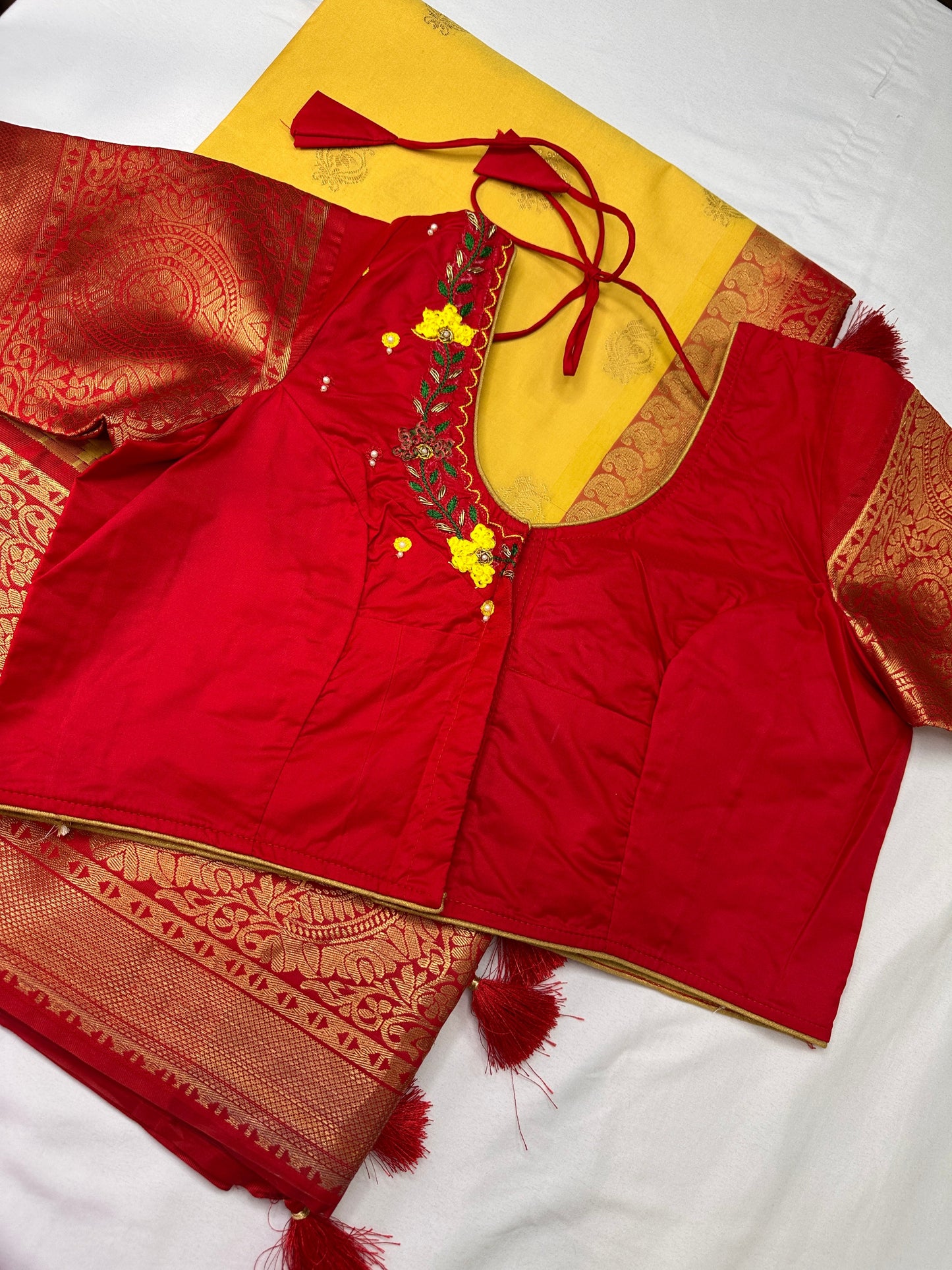 Yellow Red Semi Silk Pattu Gadwal Saree