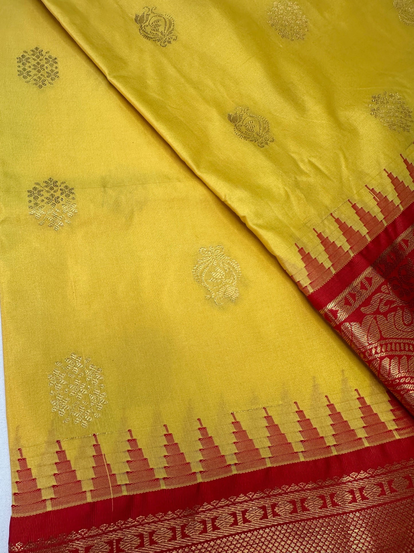 Yellow Red Semi Silk Pattu Gadwal Saree