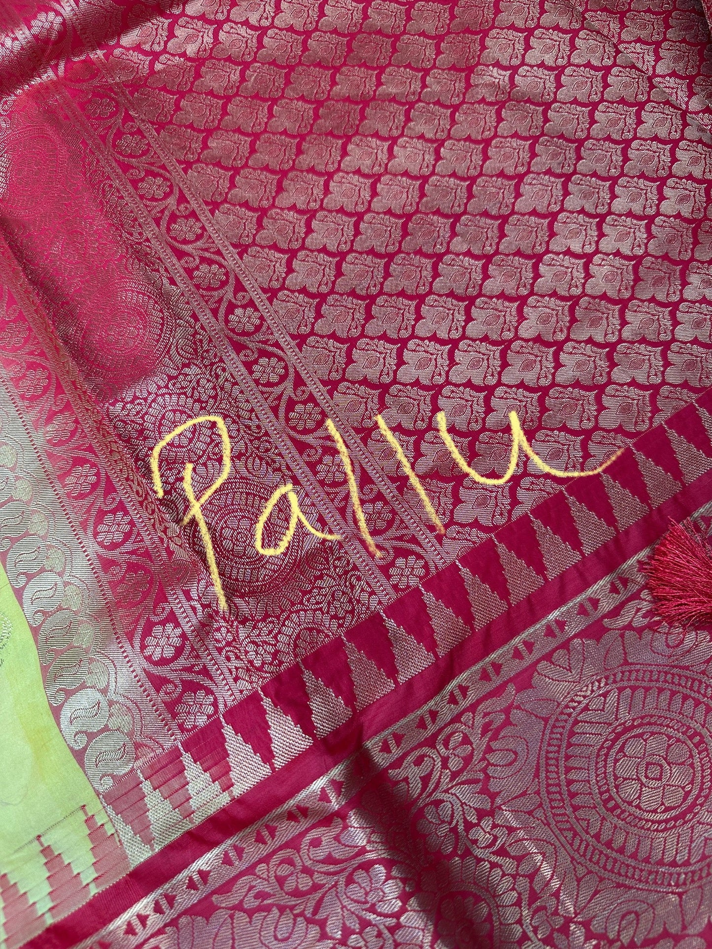 Yellow Red Semi Silk Pattu Gadwal Saree