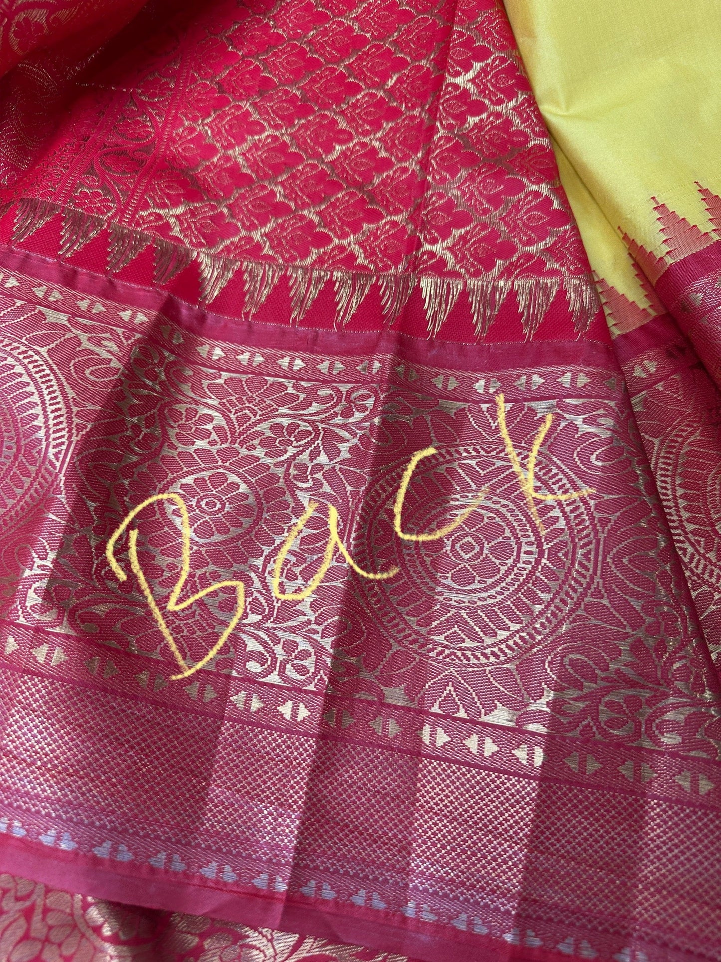 Yellow Red Semi Silk Pattu Gadwal Saree