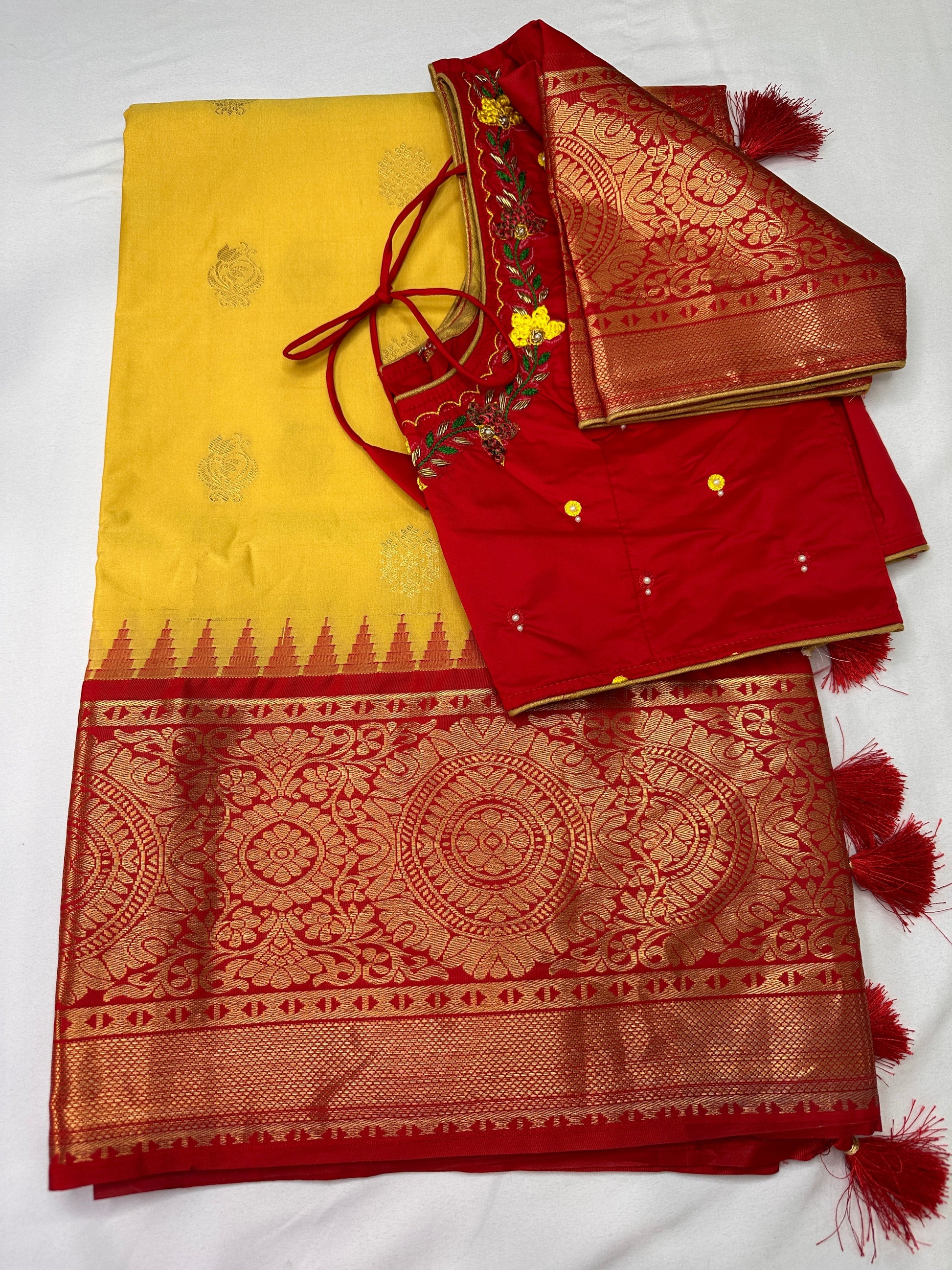 Yellow Red Semi Silk Pattu Gadwal Saree