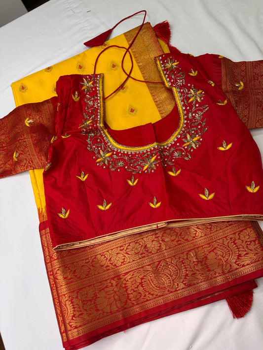 Yellow Red Semi Silk Pattu Gadwal Saree