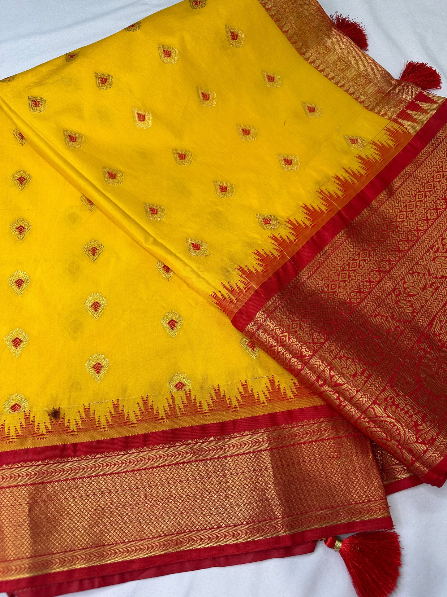 Yellow Red Semi Silk Pattu Gadwal Saree