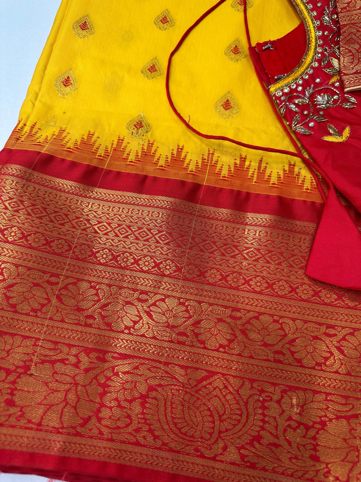 Yellow Red Semi Silk Pattu Gadwal Saree