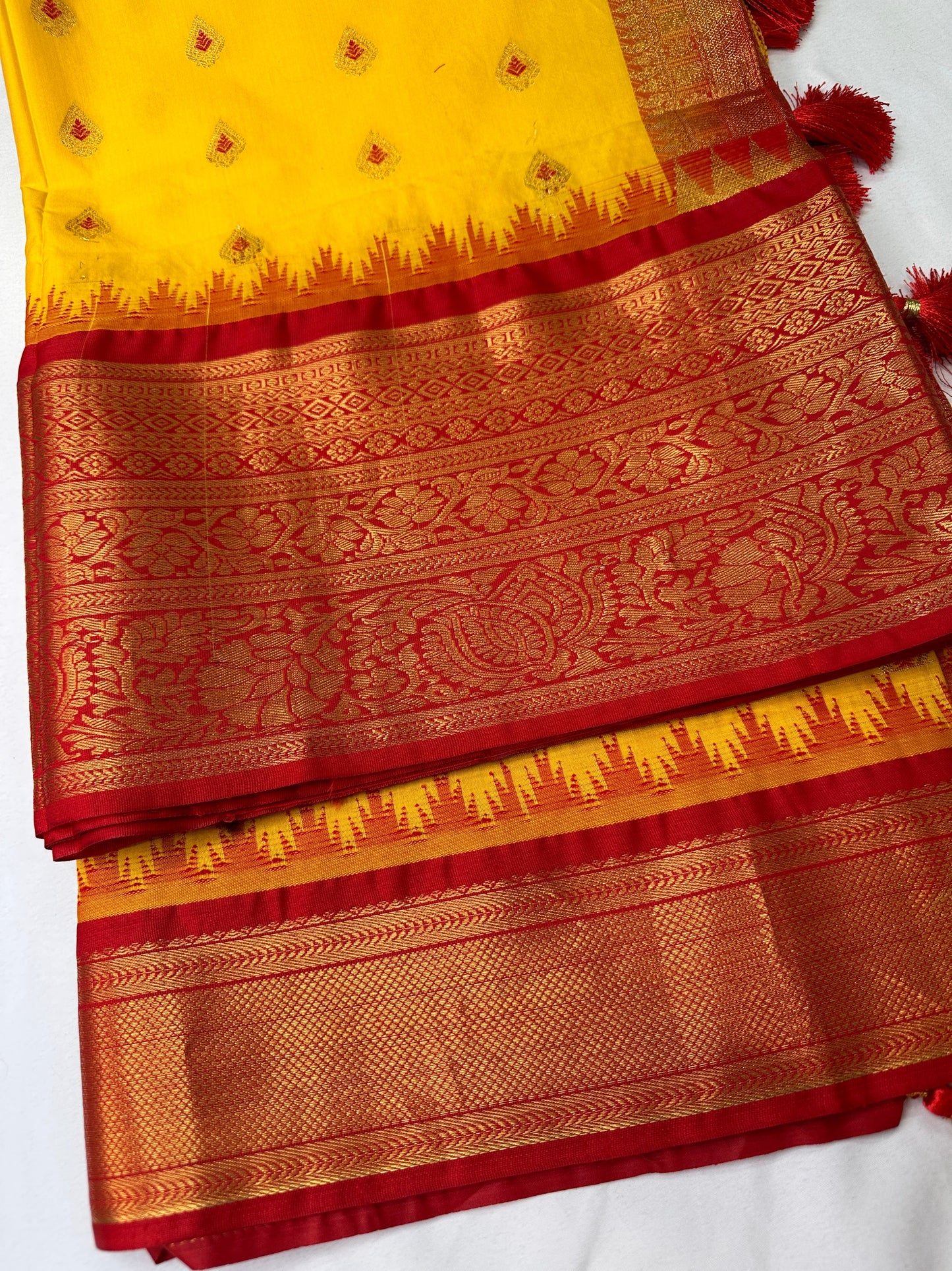 Yellow Red Semi Silk Pattu Gadwal Saree
