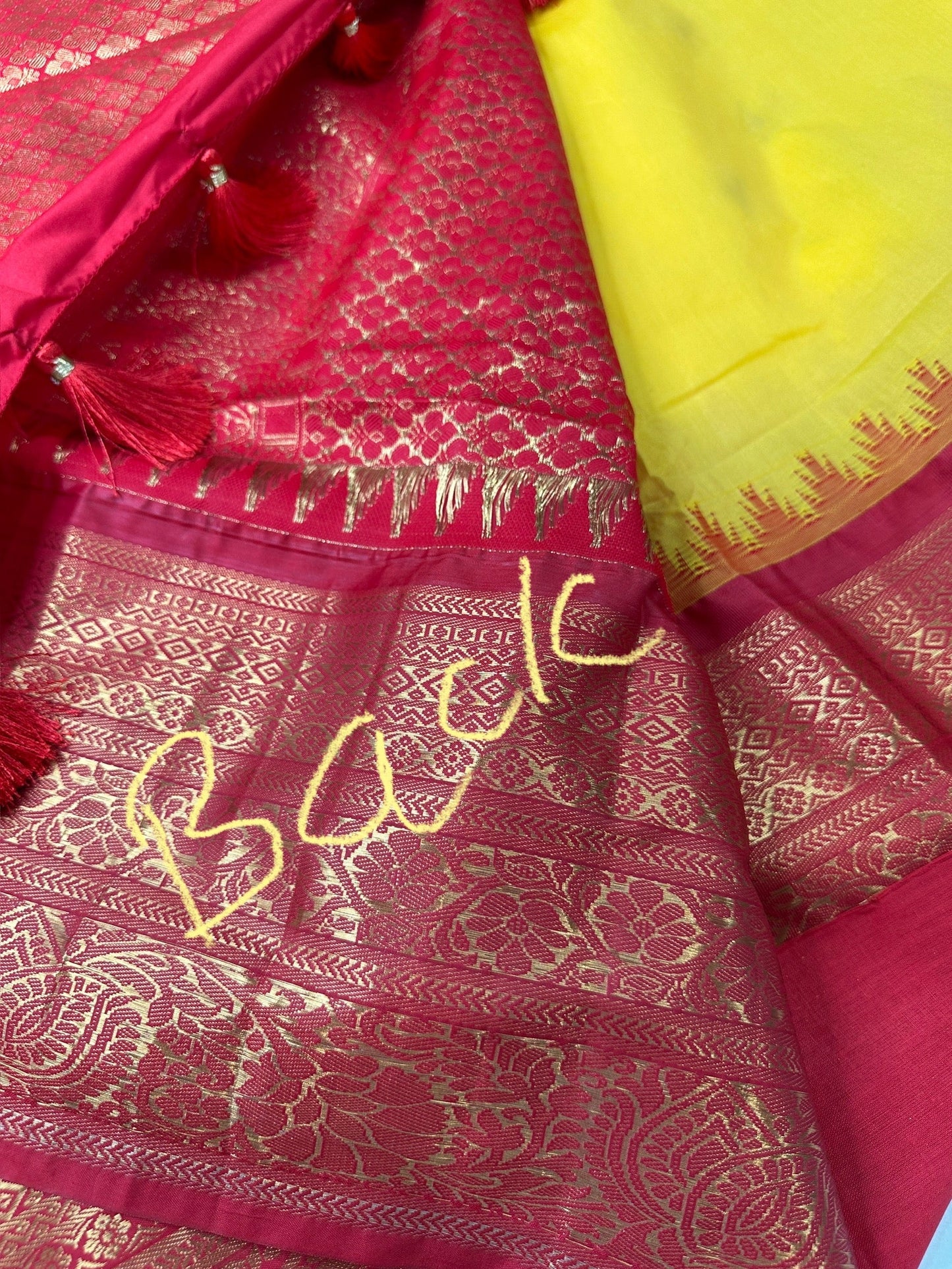 Yellow Red Semi Silk Pattu Gadwal Saree