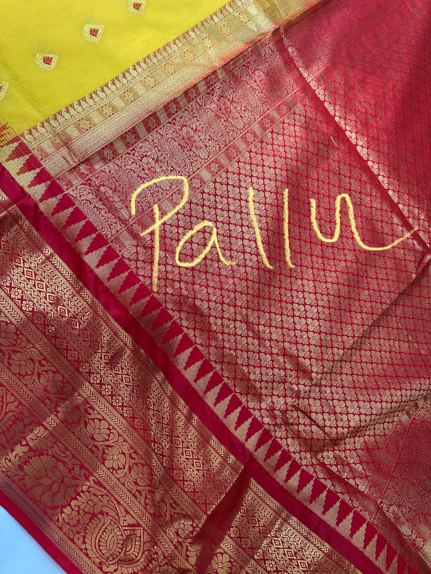 Yellow Red Semi Silk Pattu Gadwal Saree