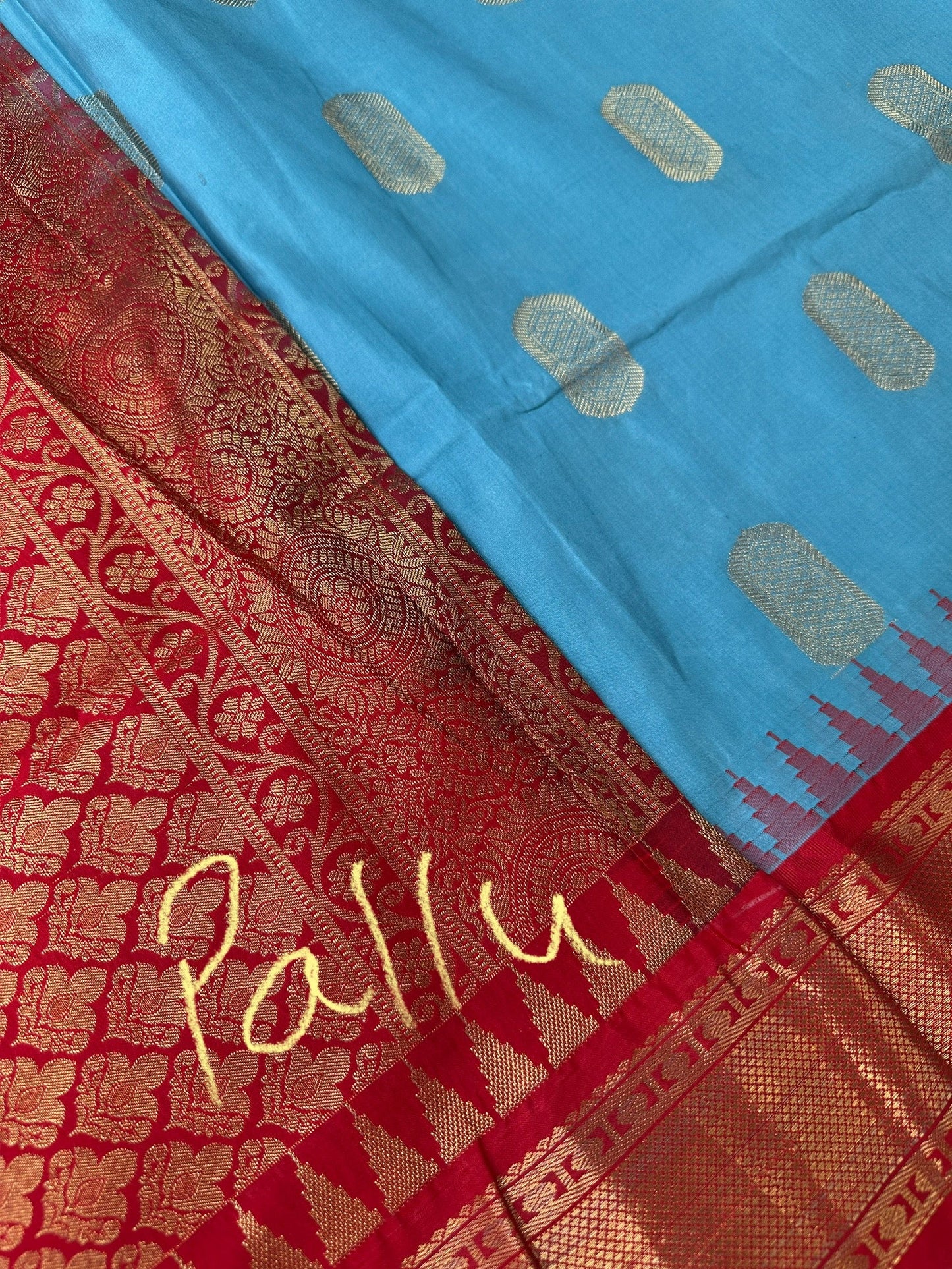 Blue Red Semi Silk Pattu Gadwal Saree