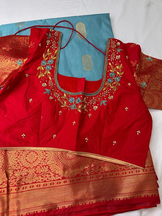Blue Red Semi Silk Pattu Gadwal Saree