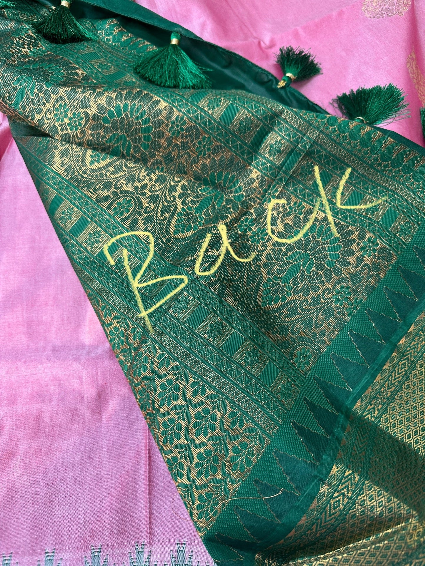 Pink Green Semi Silk Pattu Gadwal Saree