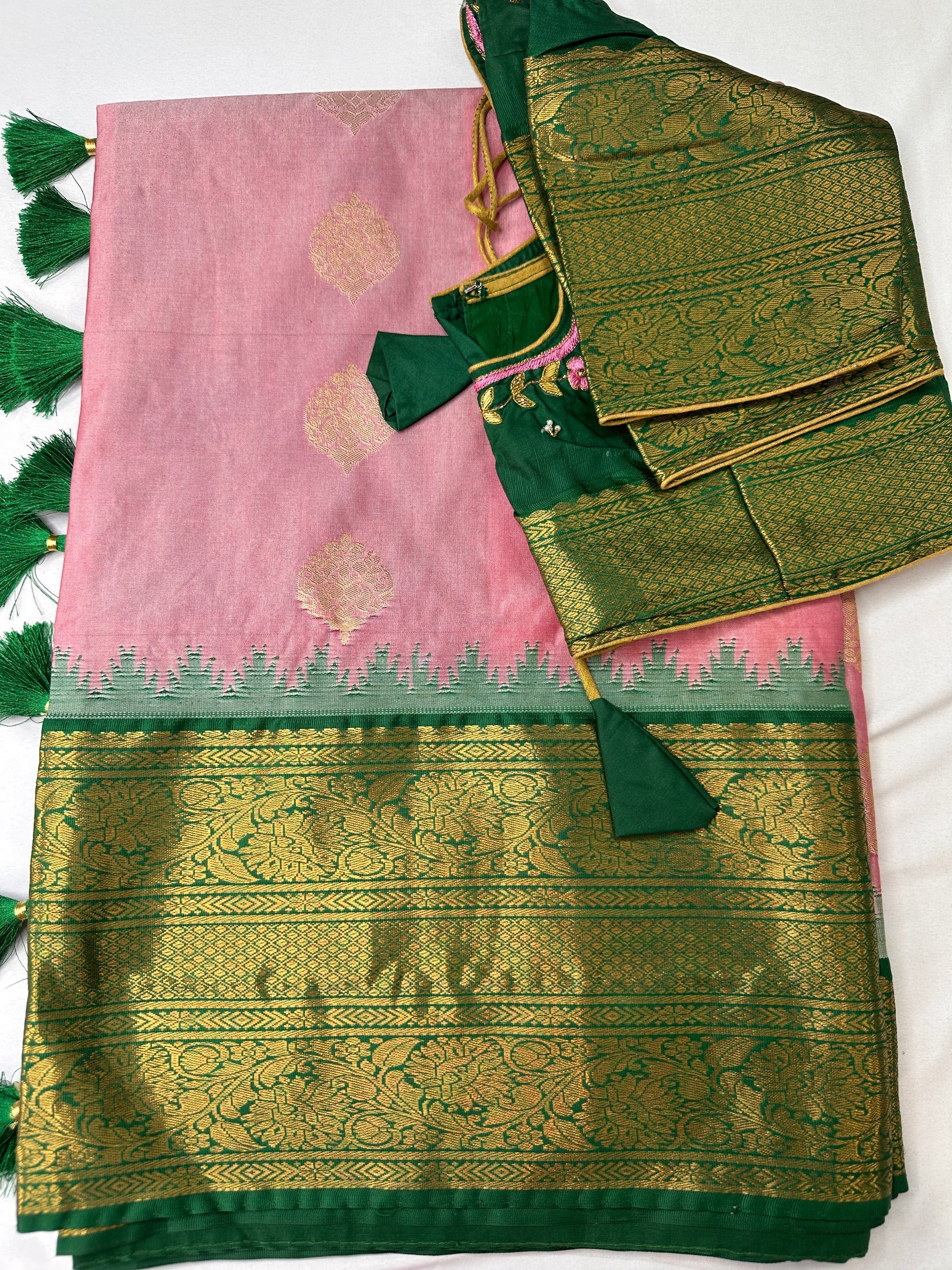 Pink Green Semi Silk Pattu Gadwal Saree