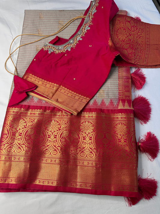 Cream Pink Pure Silk Pattu Gadwal Saree