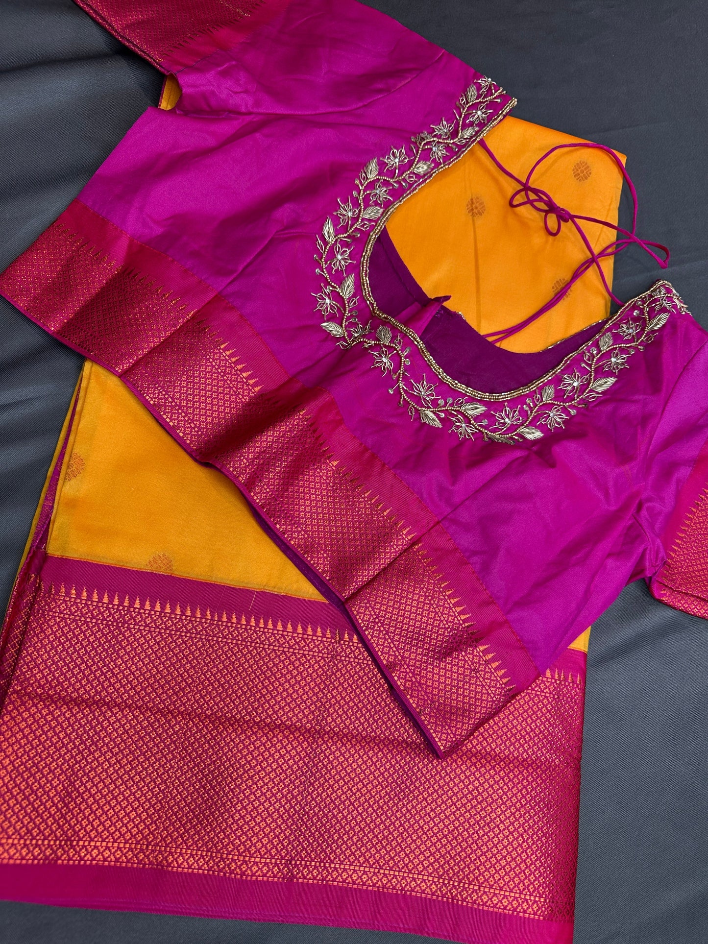 Yellow Pink Semi Handloom Purple Saree