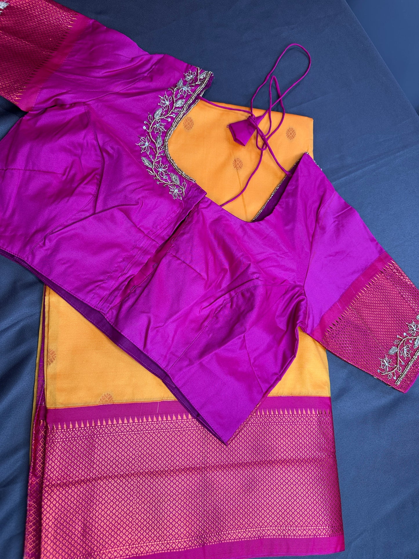 Yellow Pink Semi Handloom Purple Saree