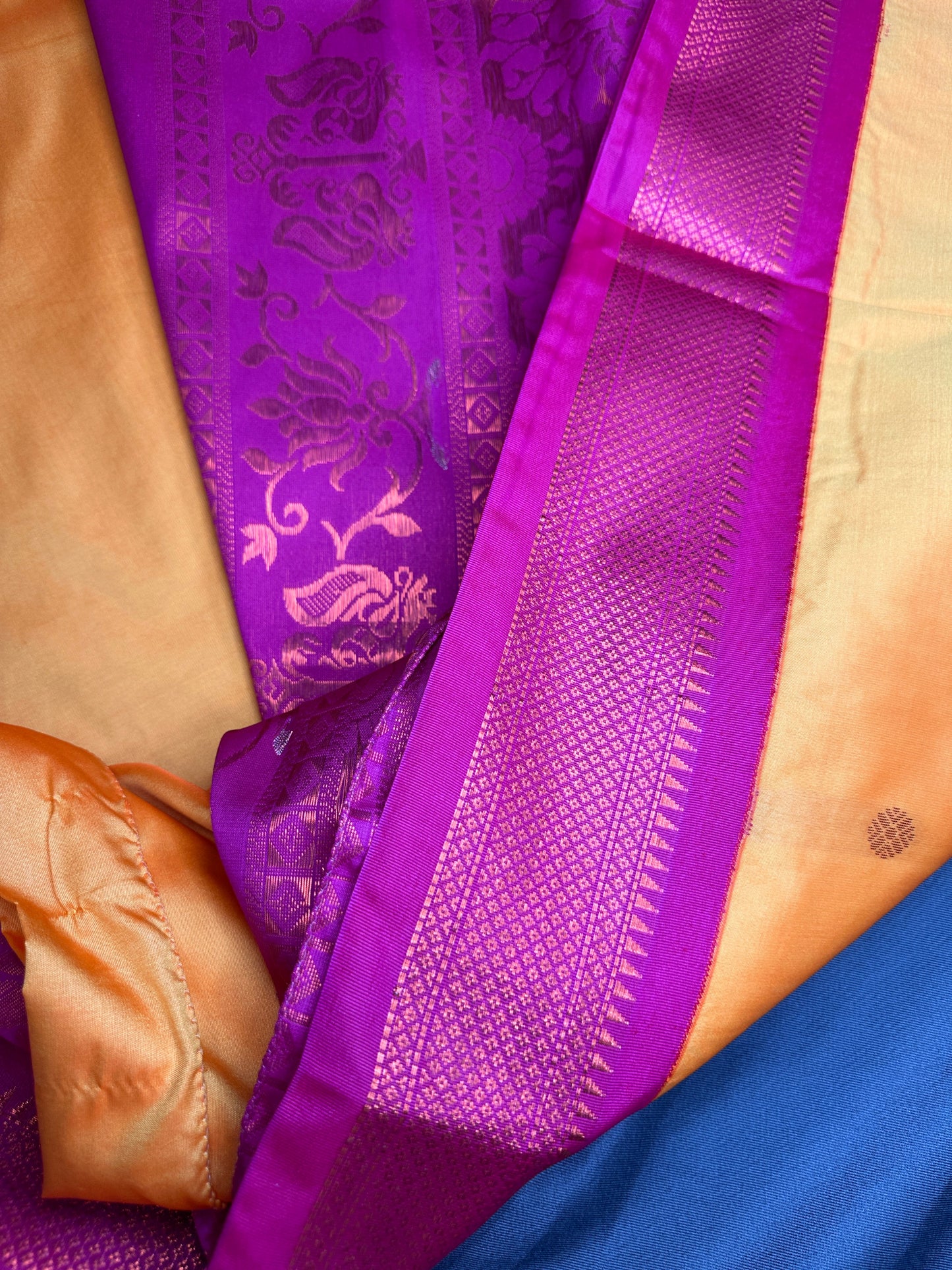 Yellow Pink Semi Handloom Purple Saree