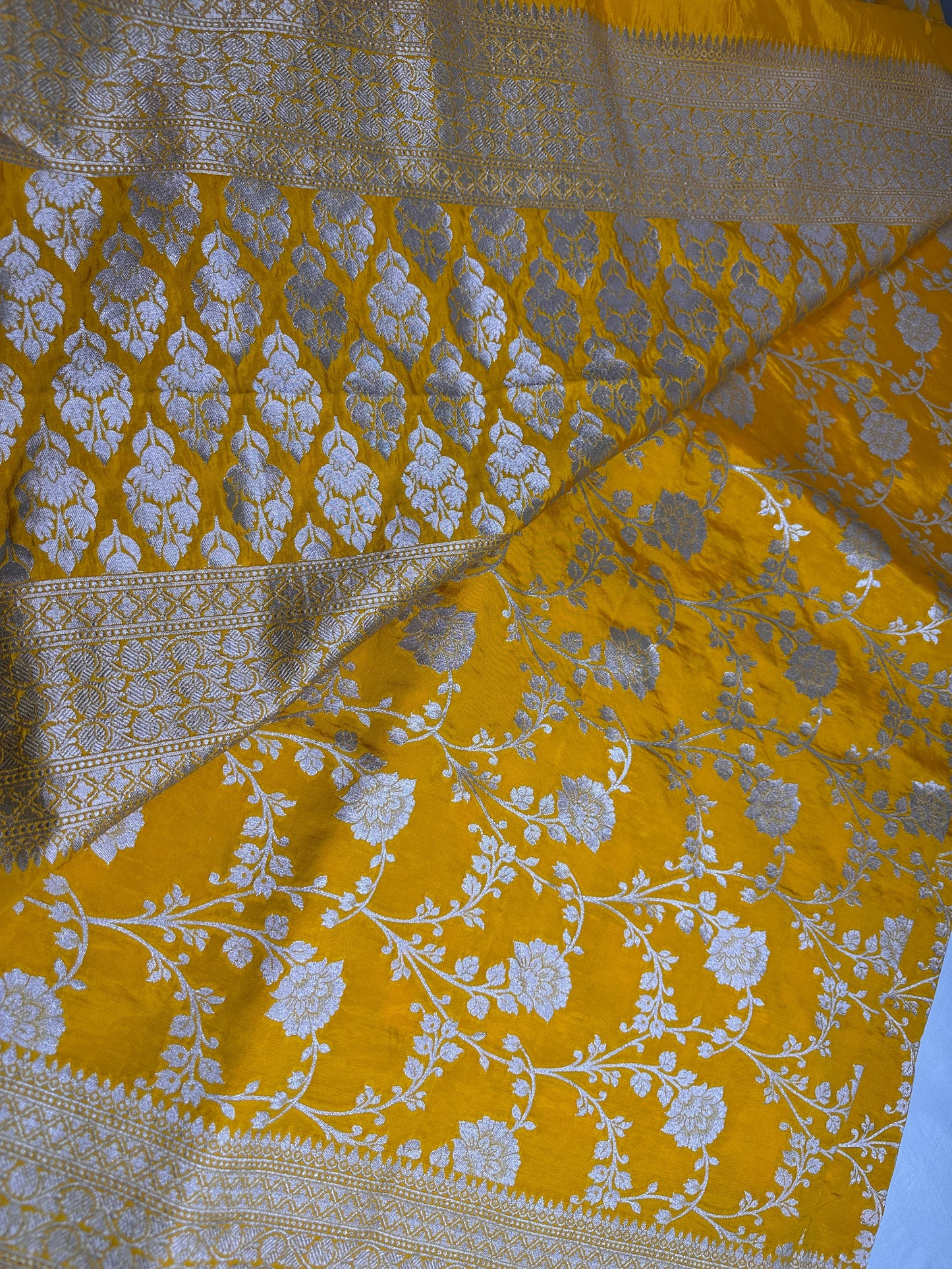 Silver Jaal Silk Yellow Banarsi Saree