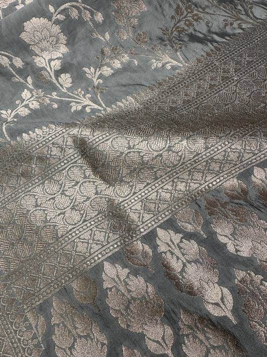 Silver Jaal Silk Grey Banarsi Saree