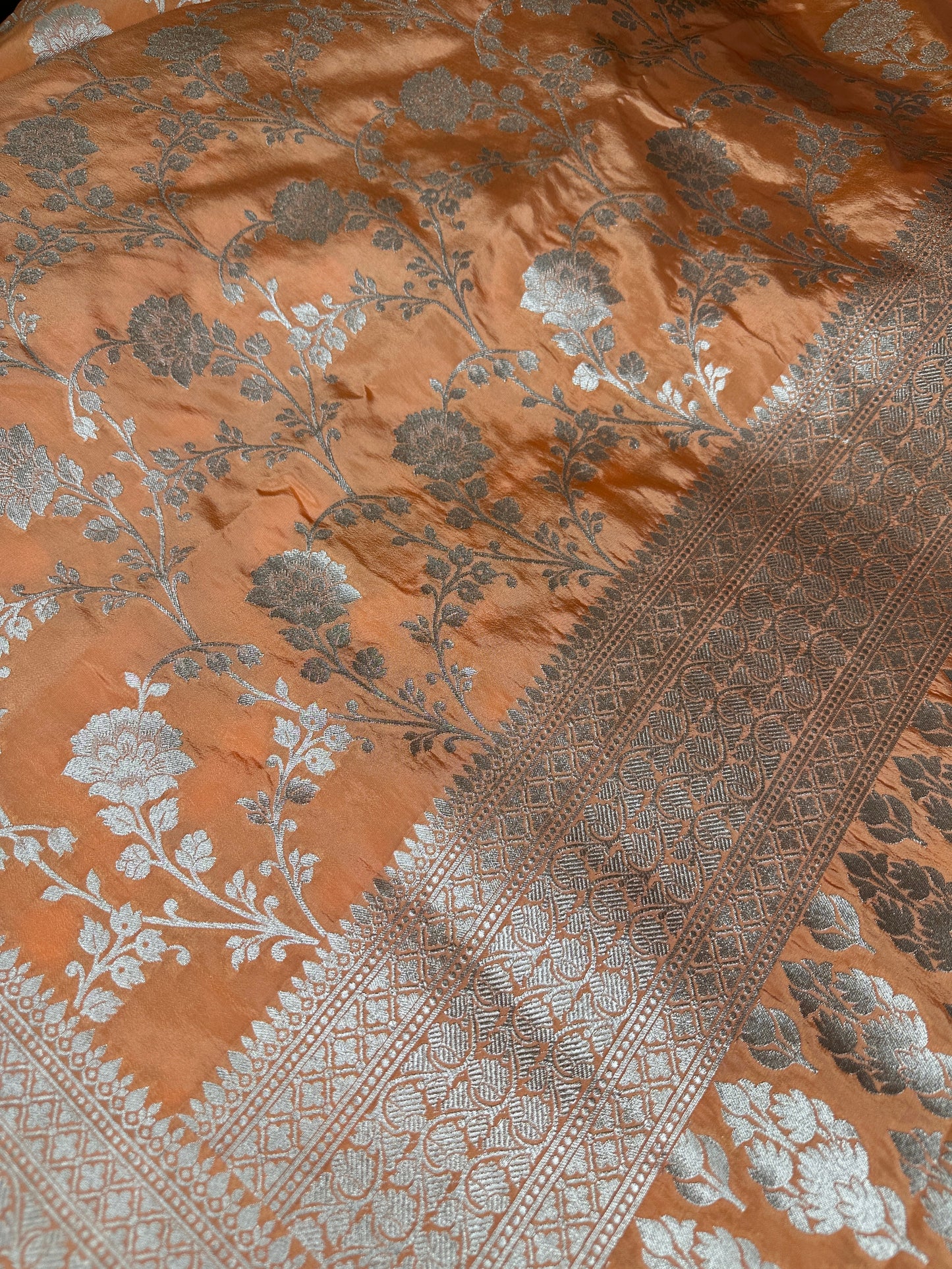 Silver Jaal Silk Peach Banarsi Saree