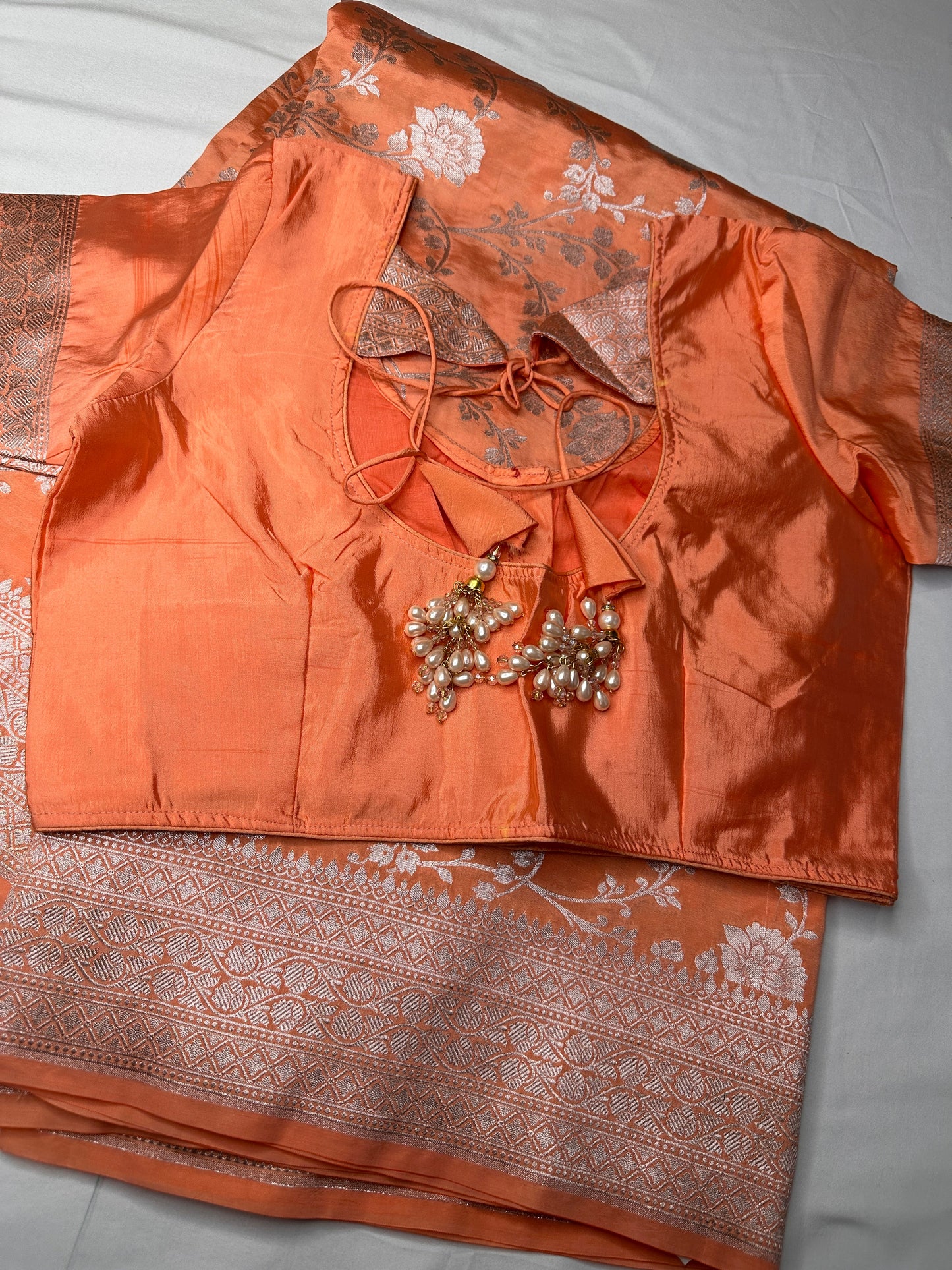 Silver Jaal Silk Peach Banarsi Saree
