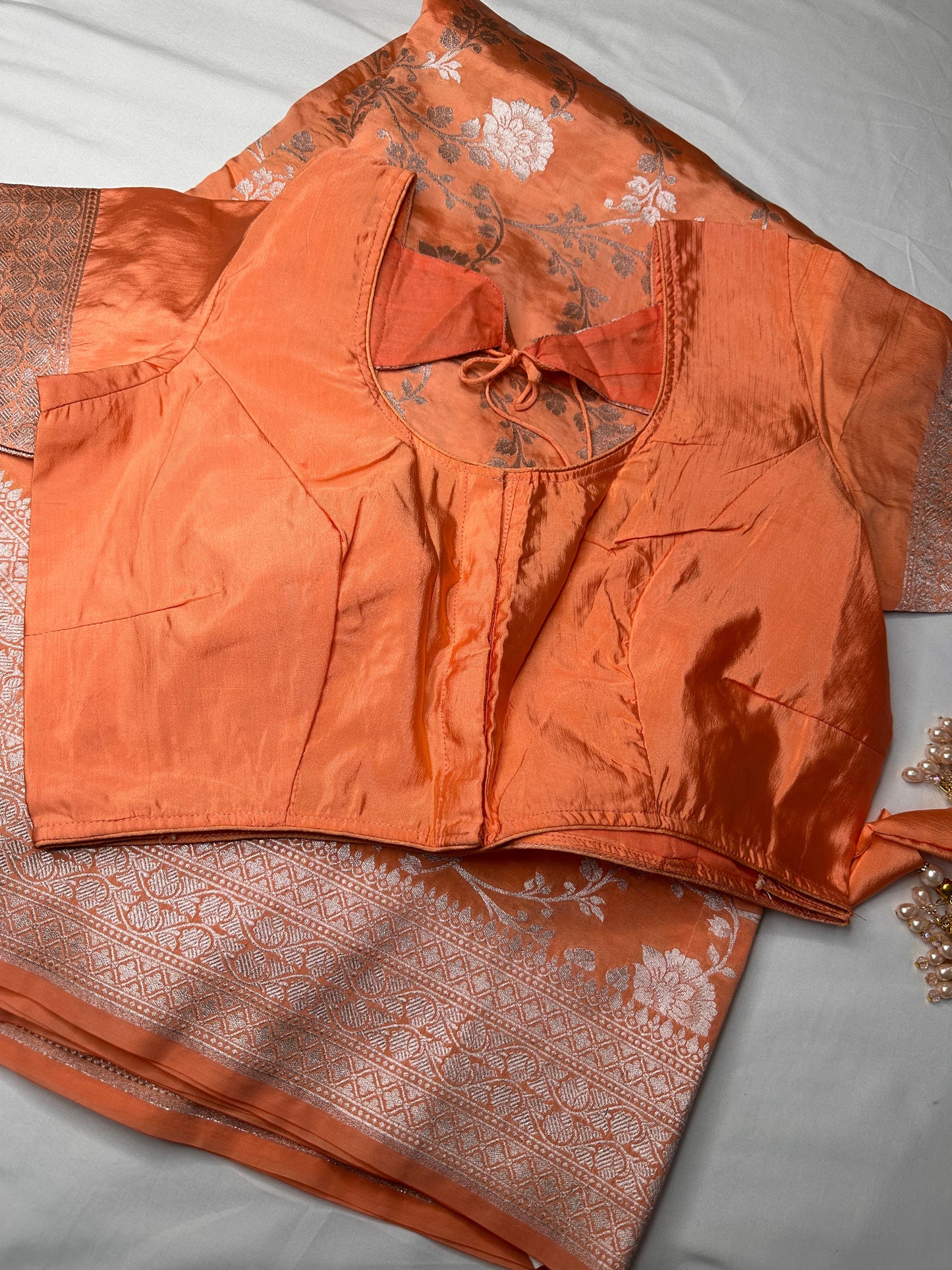 Silver Jaal Silk Peach Banarsi Saree
