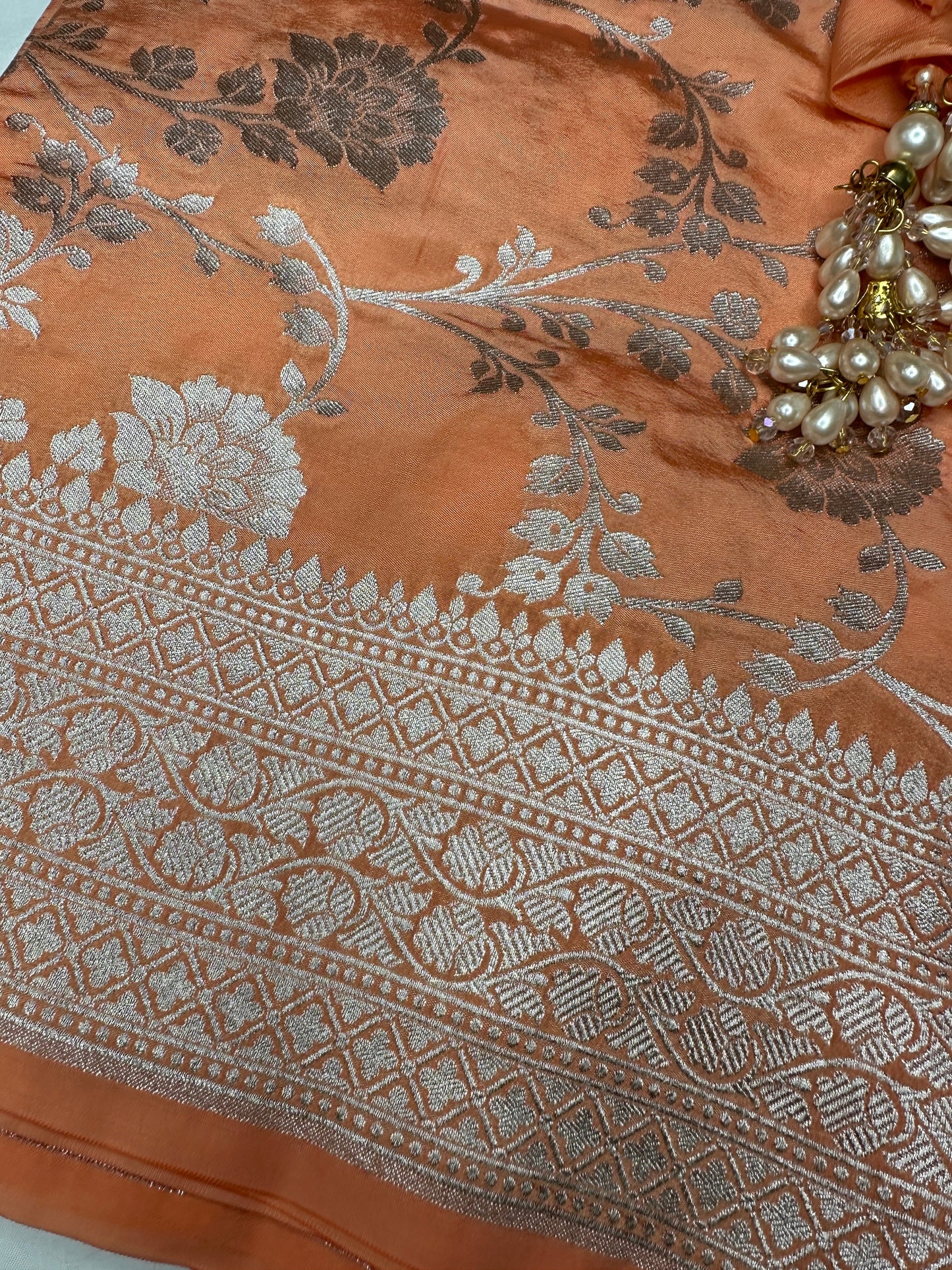 Silver Jaal Silk Peach Banarsi Saree