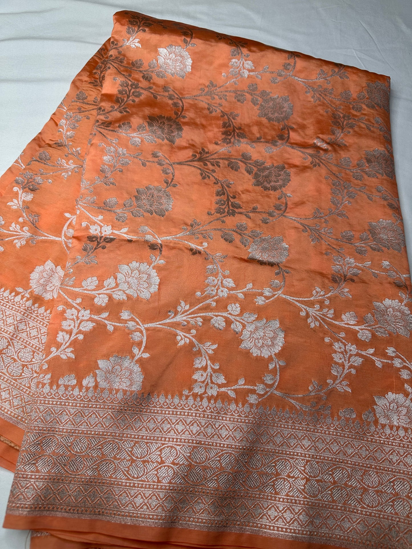 Silver Jaal Silk Peach Banarsi Saree