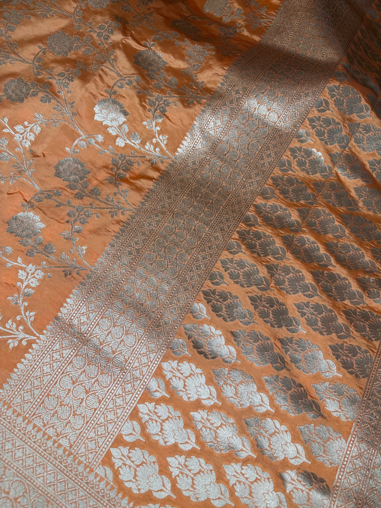 Silver Jaal Silk Peach Banarsi Saree