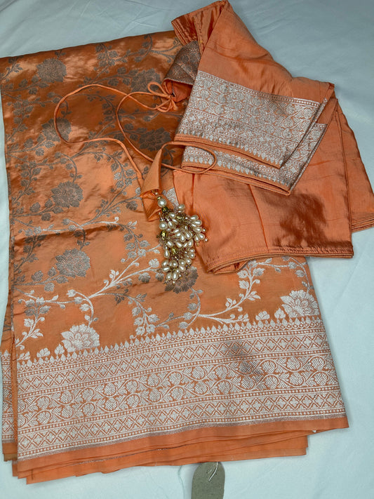 Silver Jaal Silk Peach Banarsi Saree