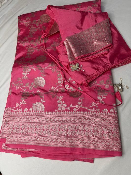 Silver Jaal Silk Pink Banarsi Saree