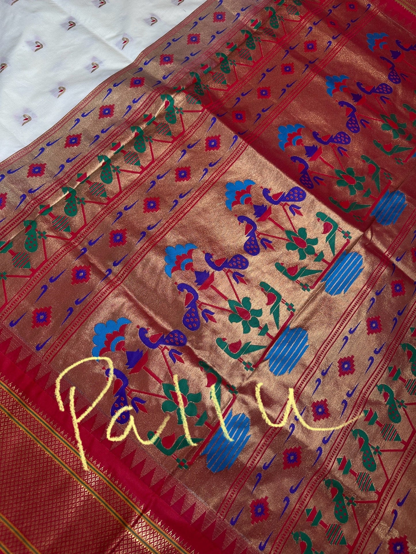 Semi Gadwal  Silk Paithani Cream Red Saree